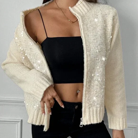 Apricot Casual Women's Fashion Sequin Knit Zip-Up Cardigan - Picture 6 of 6
